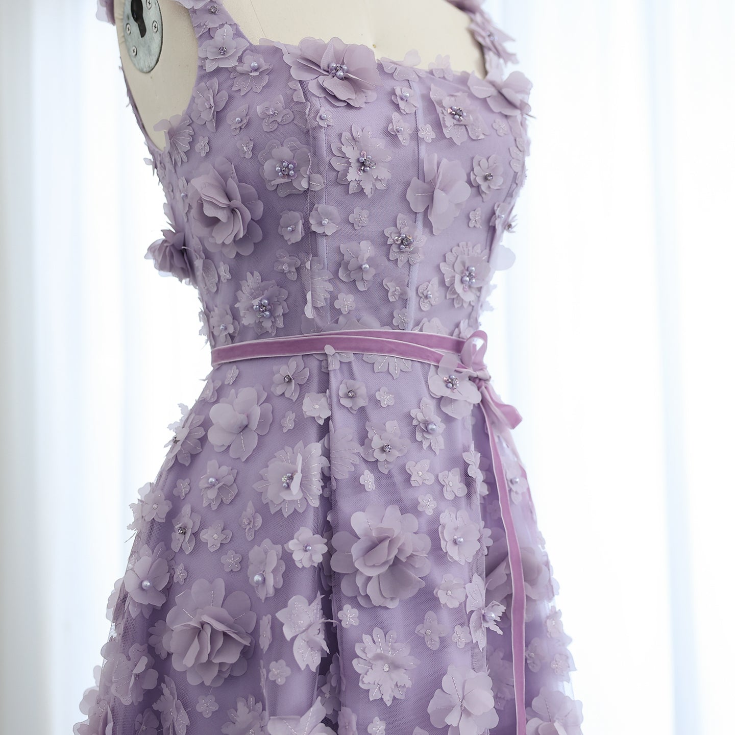 Chic Lilac 3D Embroidered Flowers Evening Dress with High Slit SS357