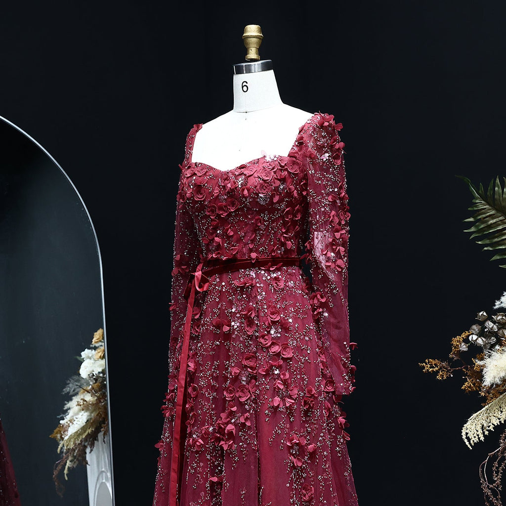 Luxury 3D Flower Gray Long Sleeves A-Line Evening Dress SS353