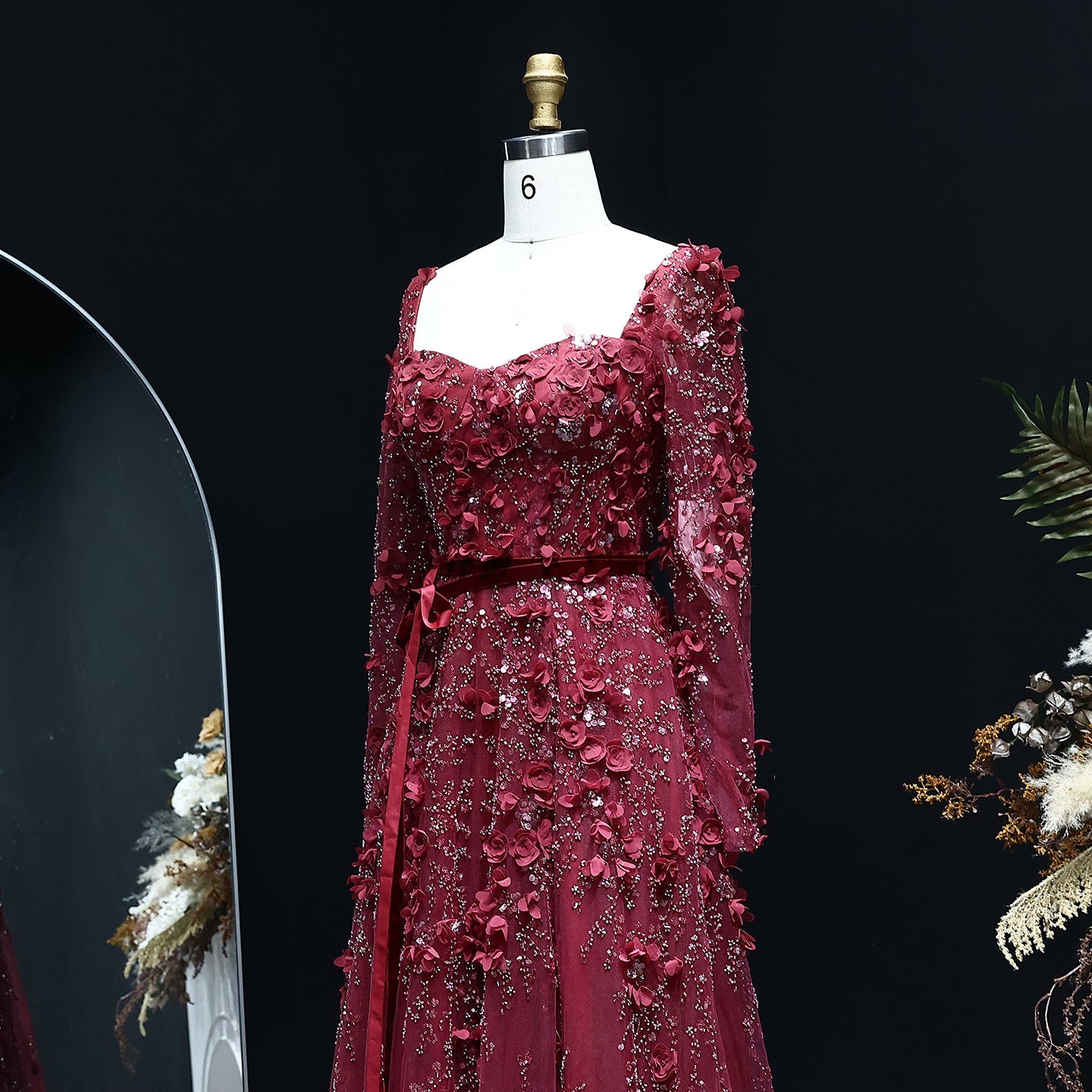 Luxury 3D Flower Gray Long Sleeves A-Line Evening Dress SS353
