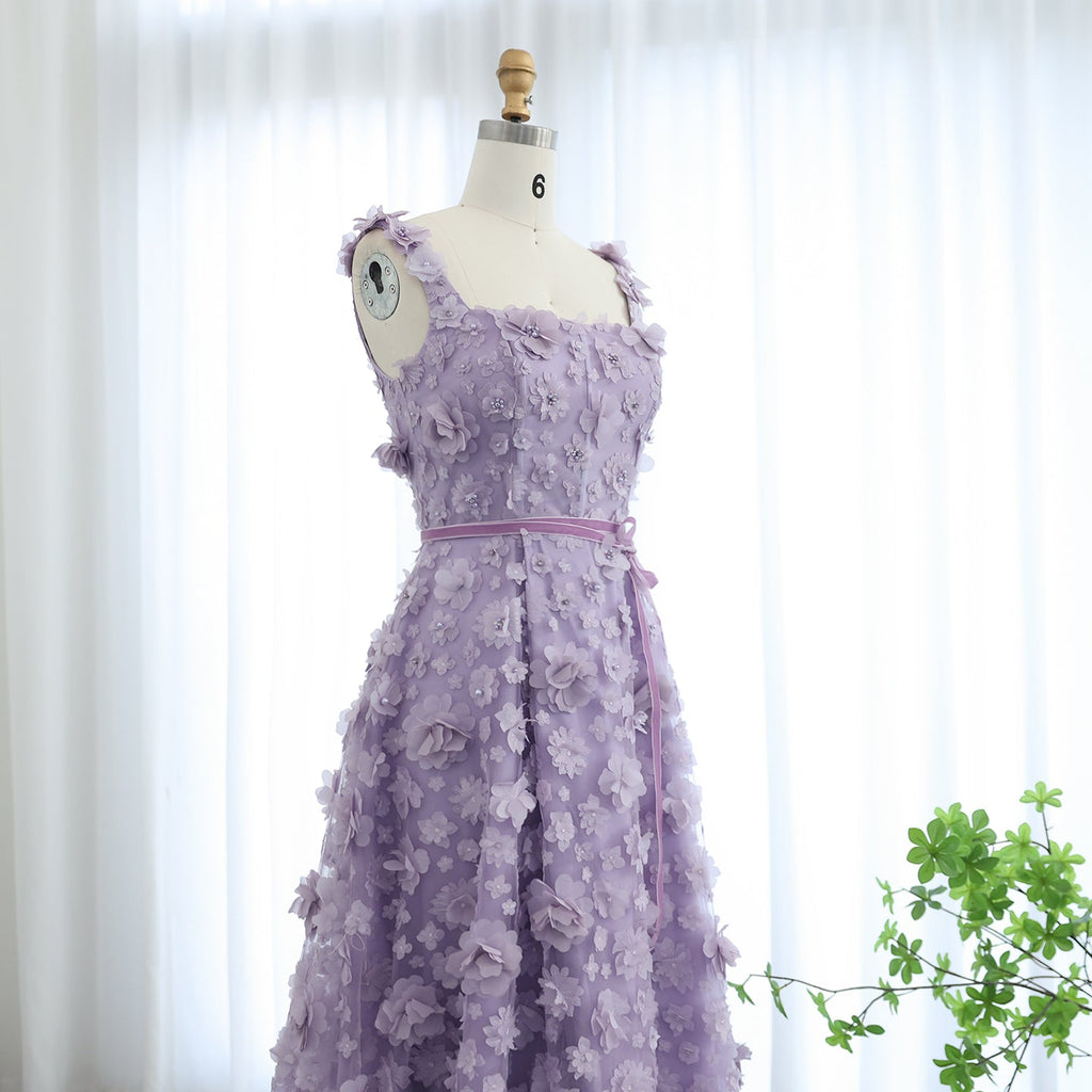 Chic Lilac 3D Embroidered Flowers Evening Dress with High Slit SS357