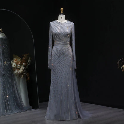 Luxury Beaded Gold Long Sleeves Evening Dress with Overskirt SS113