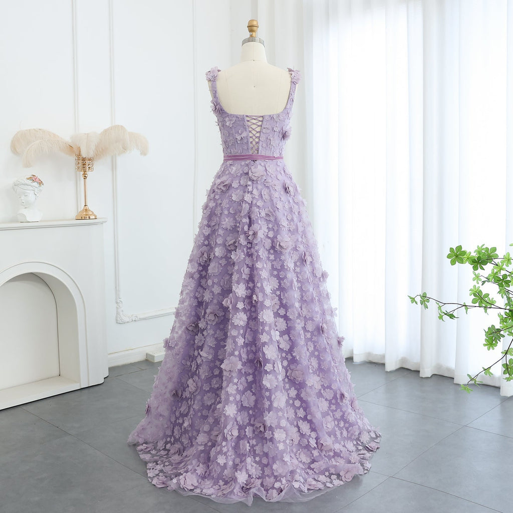 Chic Lilac 3D Embroidered Flowers Evening Dress with High Slit SS357