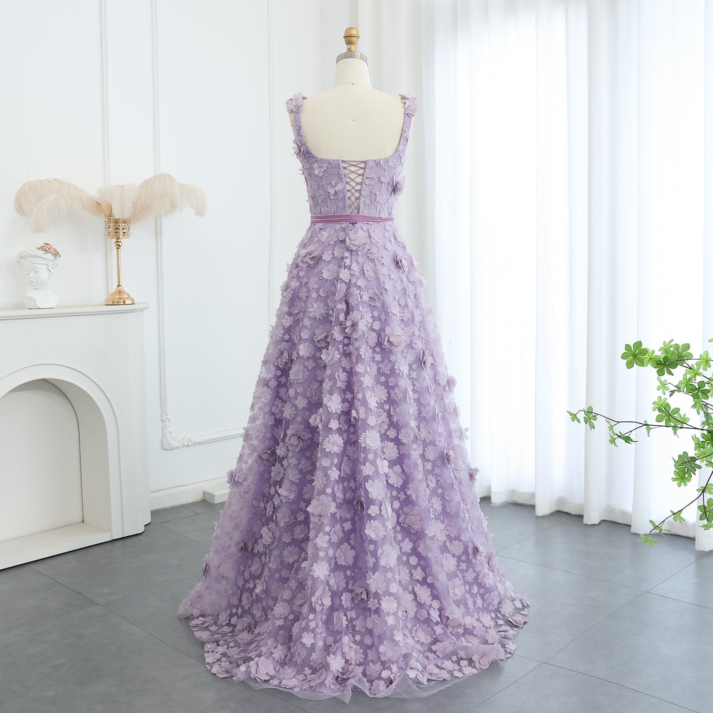 Chic Lilac 3D Embroidered Flowers Evening Dress with High Slit SS357