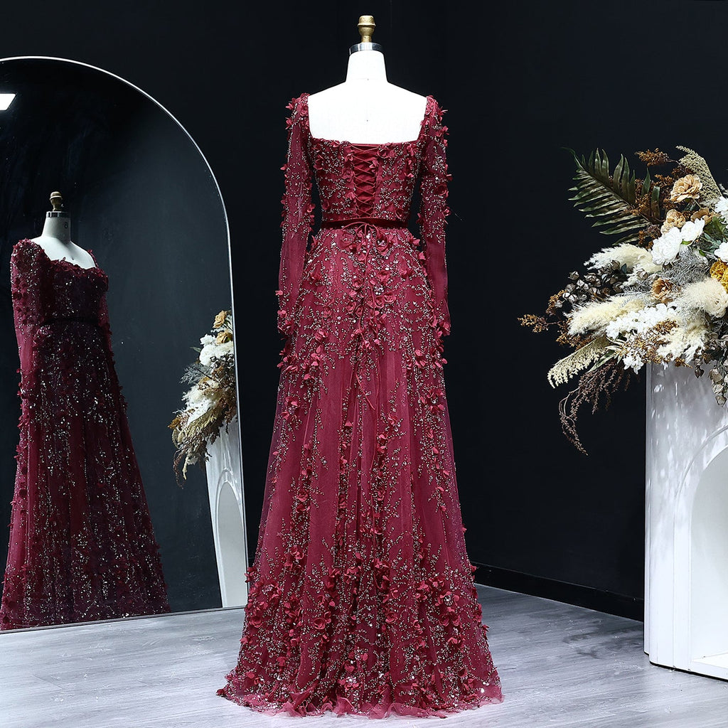 Luxury 3D Flower Gray Long Sleeves A-Line Evening Dress SS353