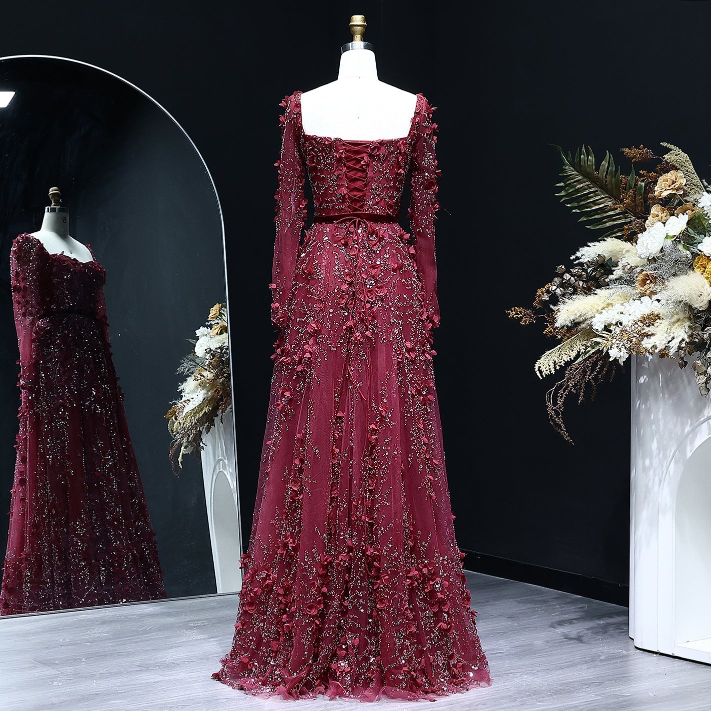 Luxury 3D Flower Gray Long Sleeves A-Line Evening Dress SS353