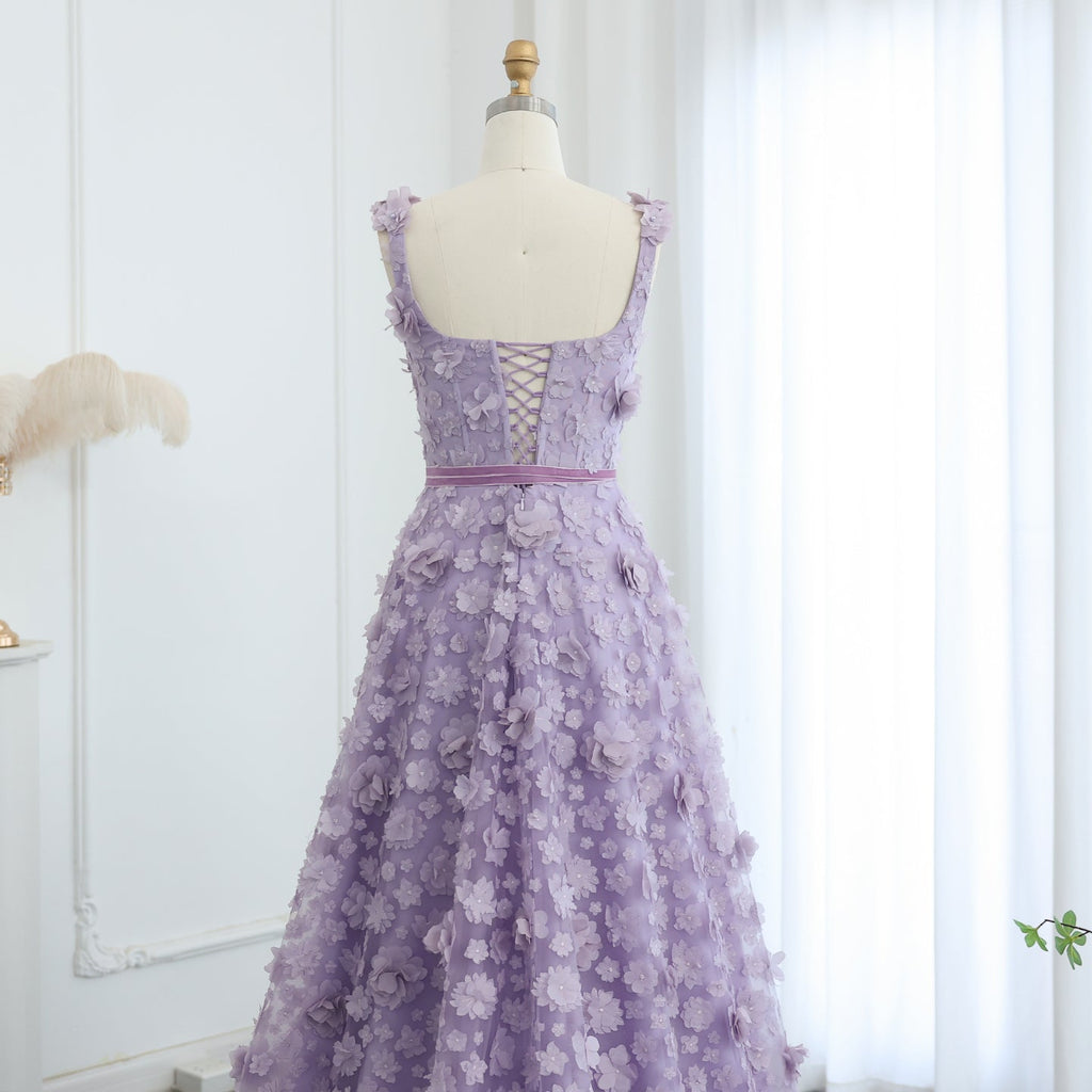 Chic Lilac 3D Embroidered Flowers Evening Dress with High Slit SS357