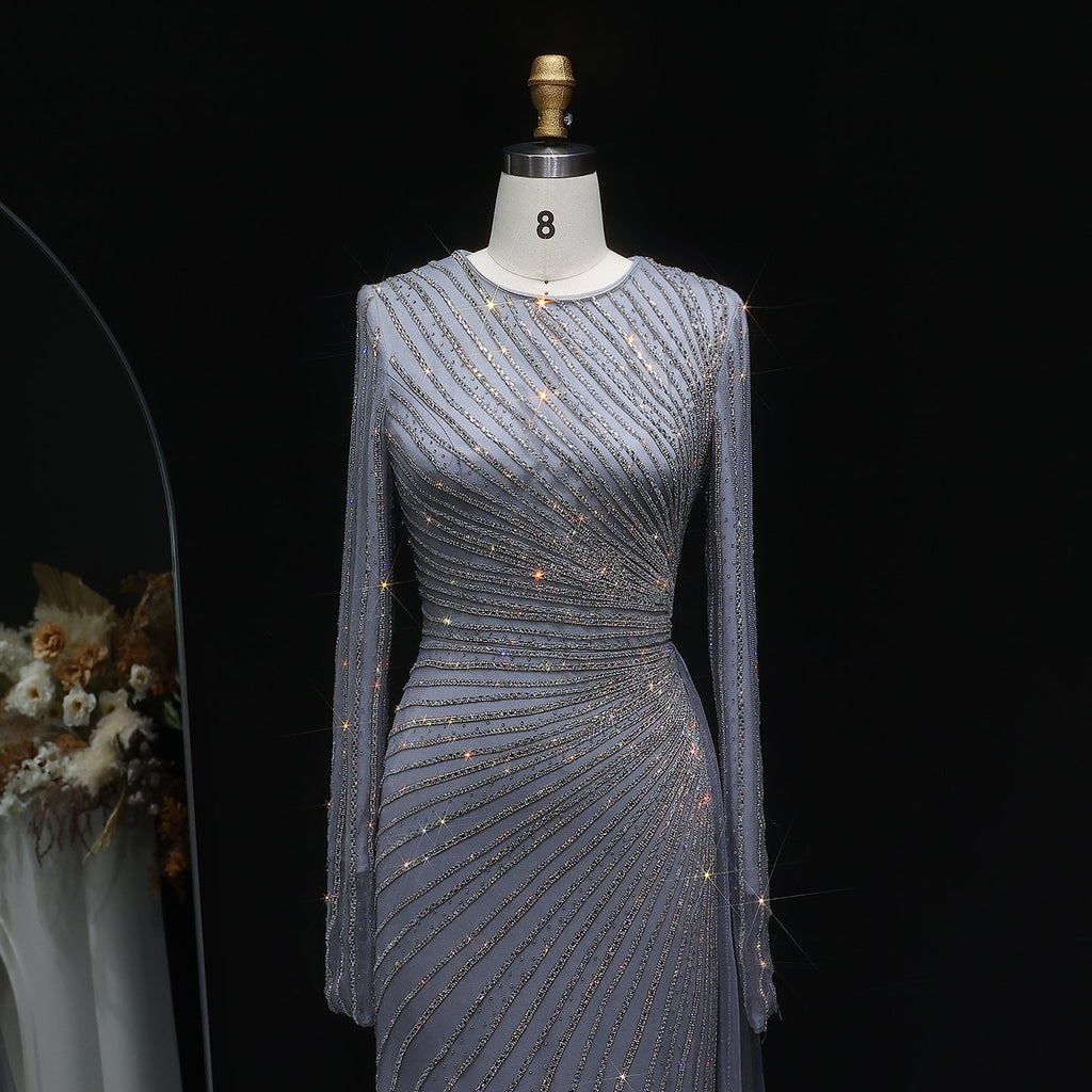 Luxury Beaded Gold Long Sleeves Evening Dress with Overskirt SS113