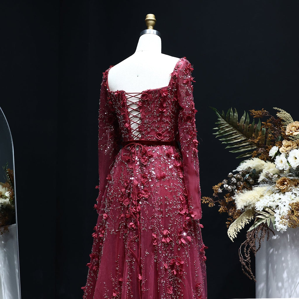 Luxury 3D Flower Gray Long Sleeves A-Line Evening Dress SS353