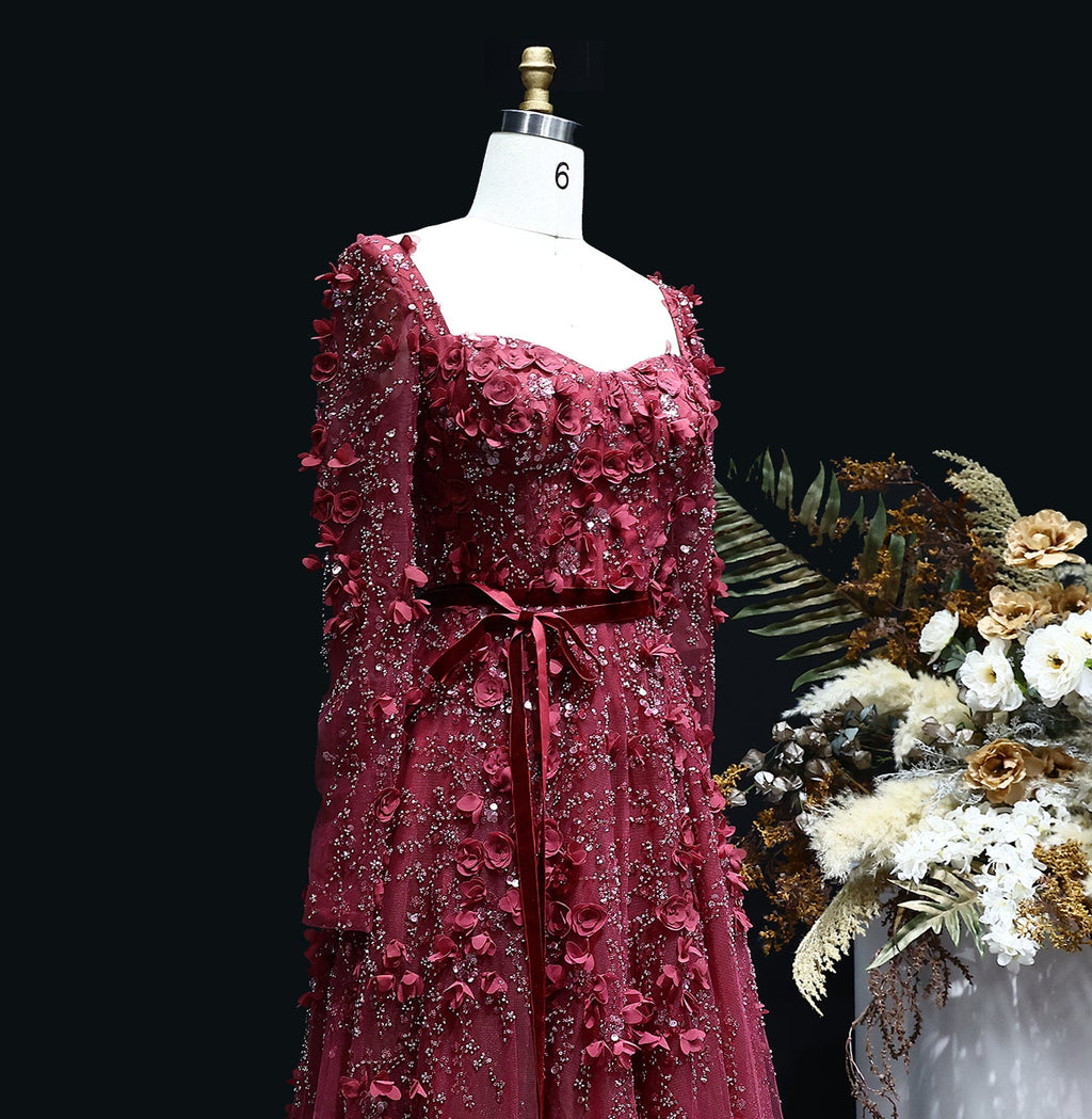 Luxury 3D Flower Gray Long Sleeves A-Line Evening Dress SS353