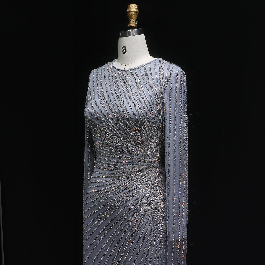 Luxury Beaded Gold Long Sleeves Evening Dress with Overskirt SS113