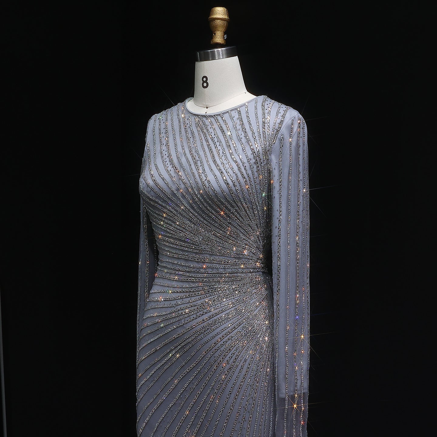 Luxury Beaded Gold Long Sleeves Evening Dress with Overskirt SS113