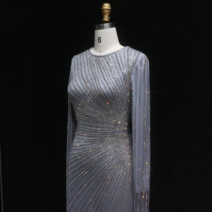 Luxury Beaded Gold Long Sleeves Evening Dress with Overskirt SS113