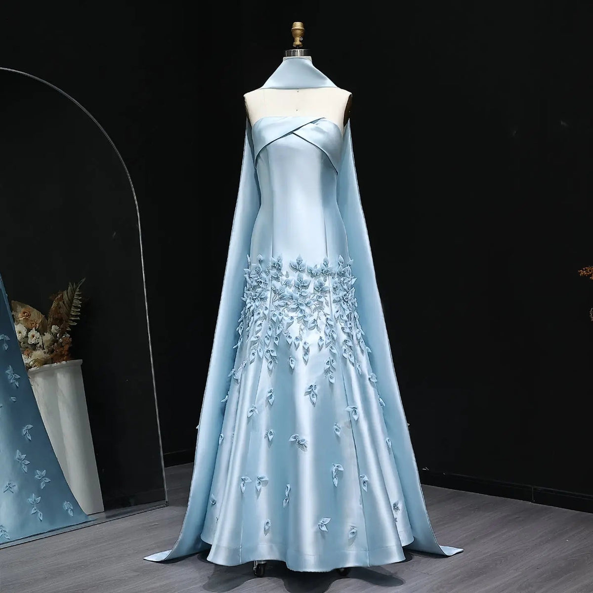 Luxury 3D Leaves Pink Satin Evening Dress with Cape SS463