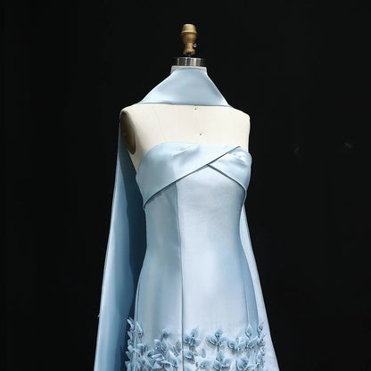 Luxury 3D Leaves Pink Satin Evening Dress with Cape SS463