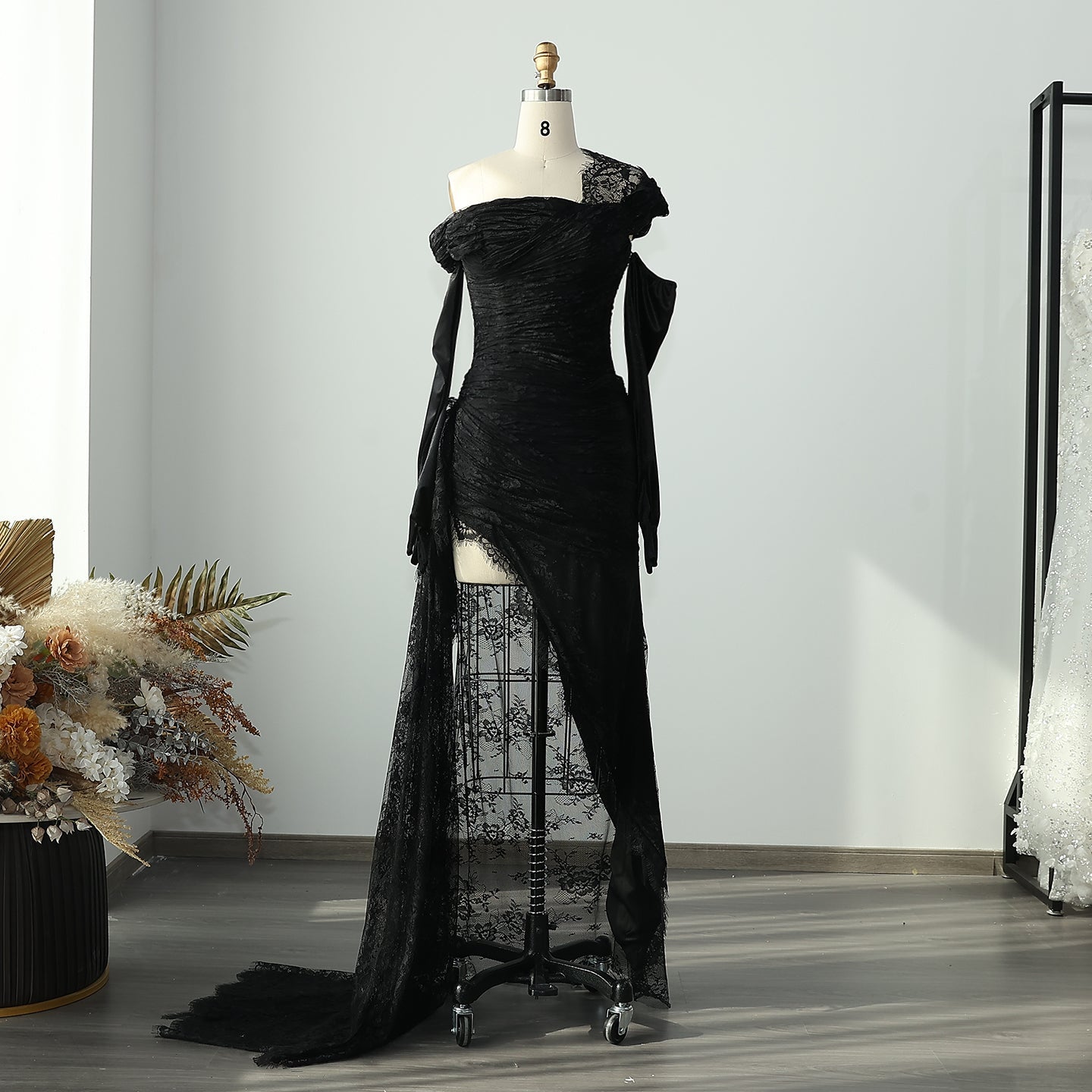 Elegant Lace Black Dress with Gloves SF017