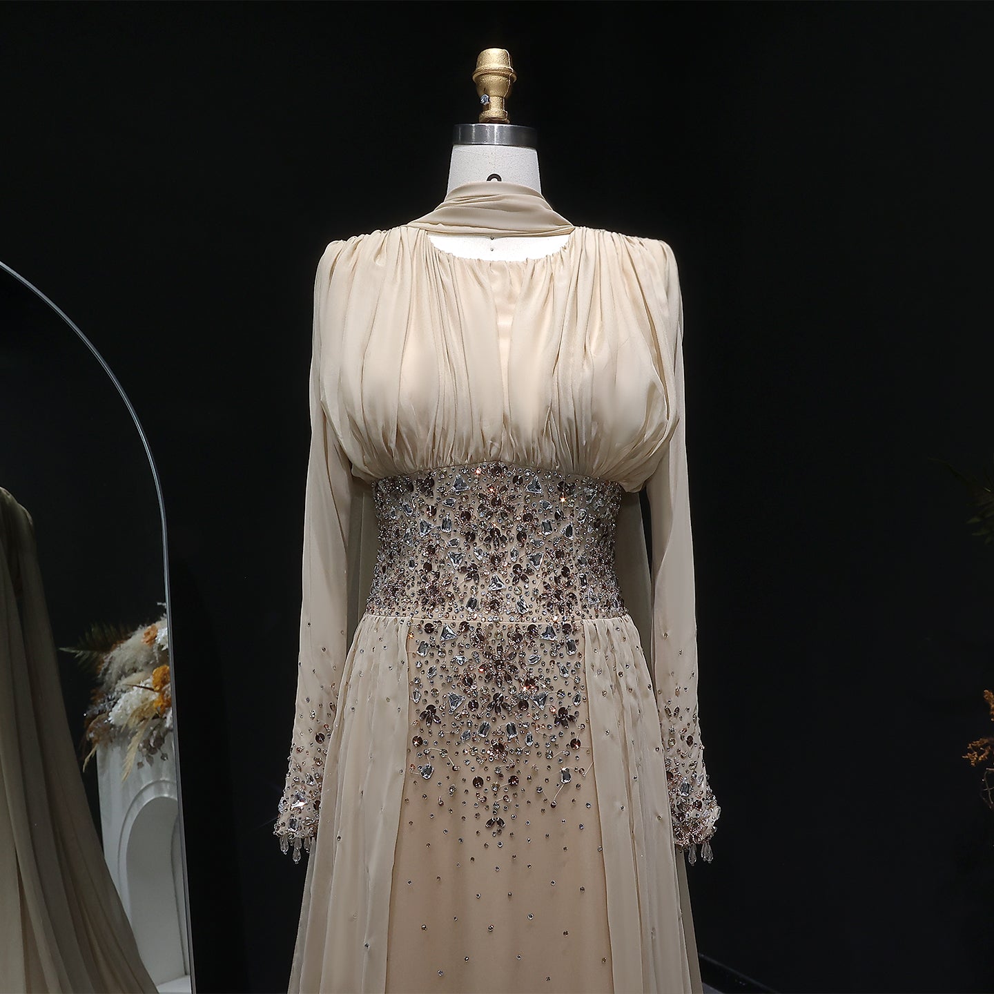 Luxury Champagne Crystal Beaded Fitted Evening Dress with Sheer Cape SS533