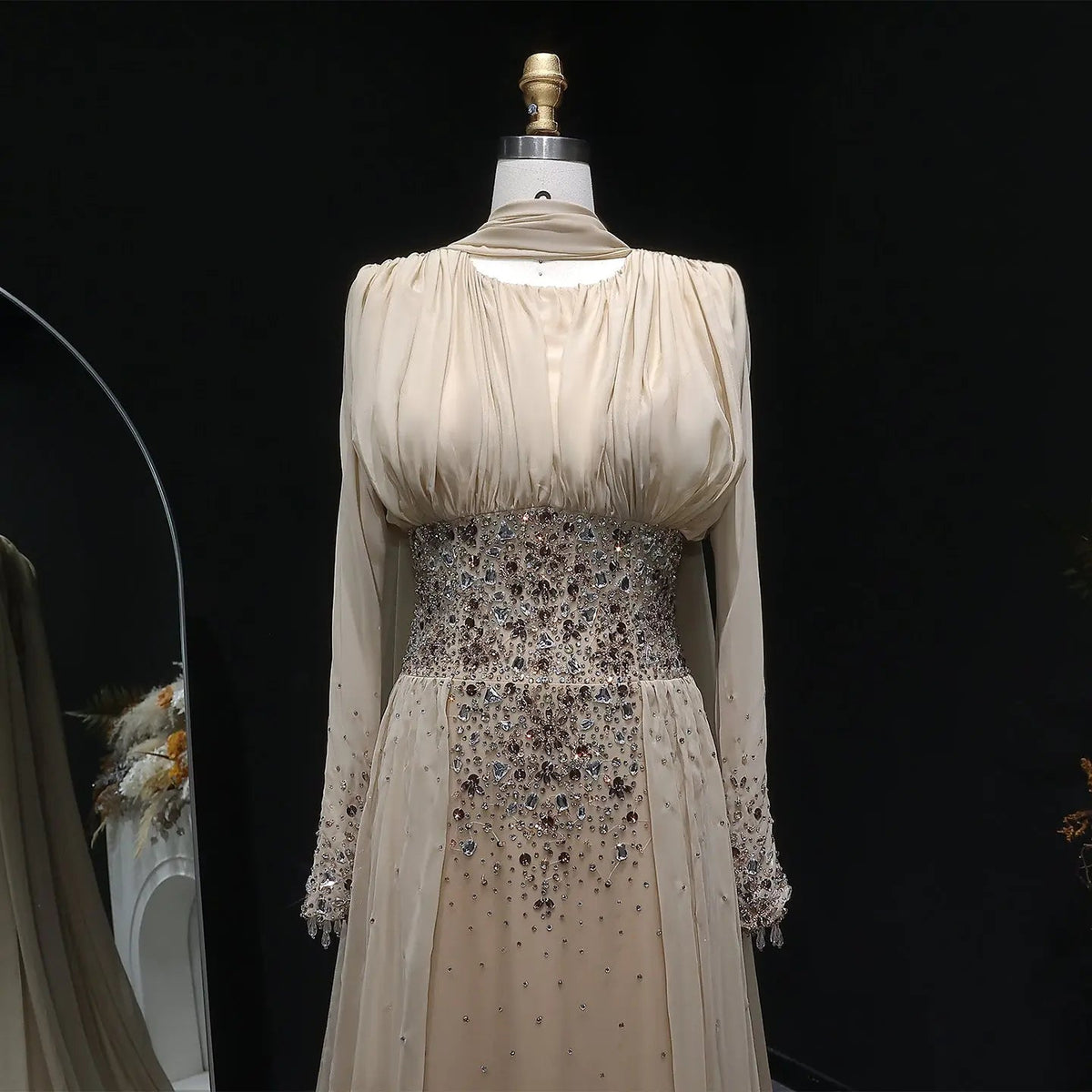 Luxury Champagne Beaded Crystal Fitted Evening Dress with Sheer Cape SS533