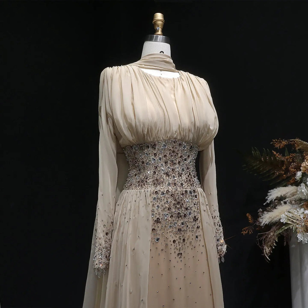 Luxury Champagne Beaded Crystal Fitted Evening Dress with Sheer Cape SS533