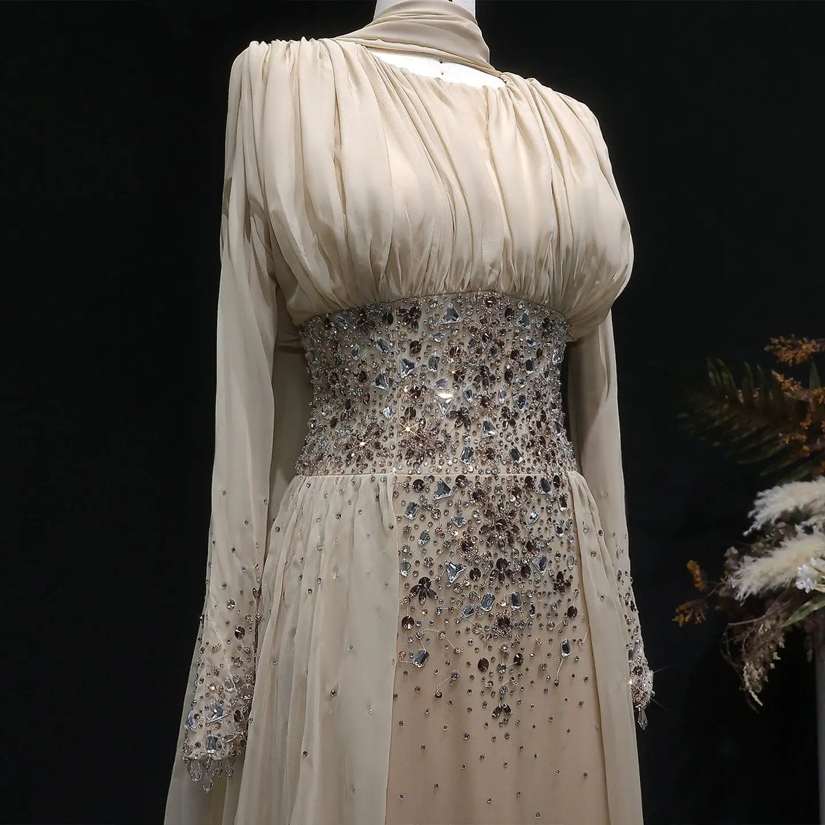 Luxury Champagne Beaded Crystal Fitted Evening Dress with Sheer Cape SS533