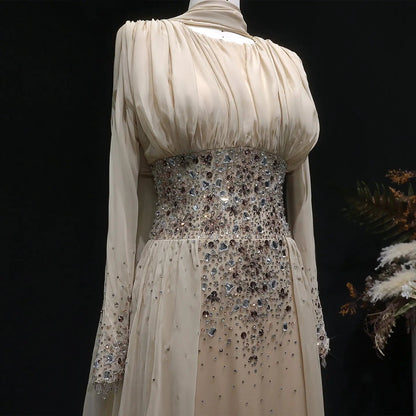 Luxury Champagne Beaded Crystal Fitted Evening Dress with Sheer Cape SS533