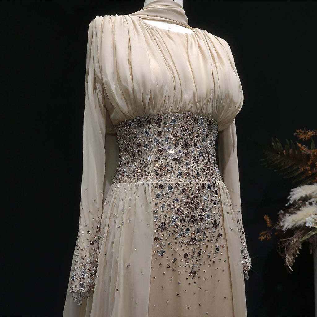 Luxury Champagne Crystal Beaded Fitted Evening Dress with Sheer Cape SS533