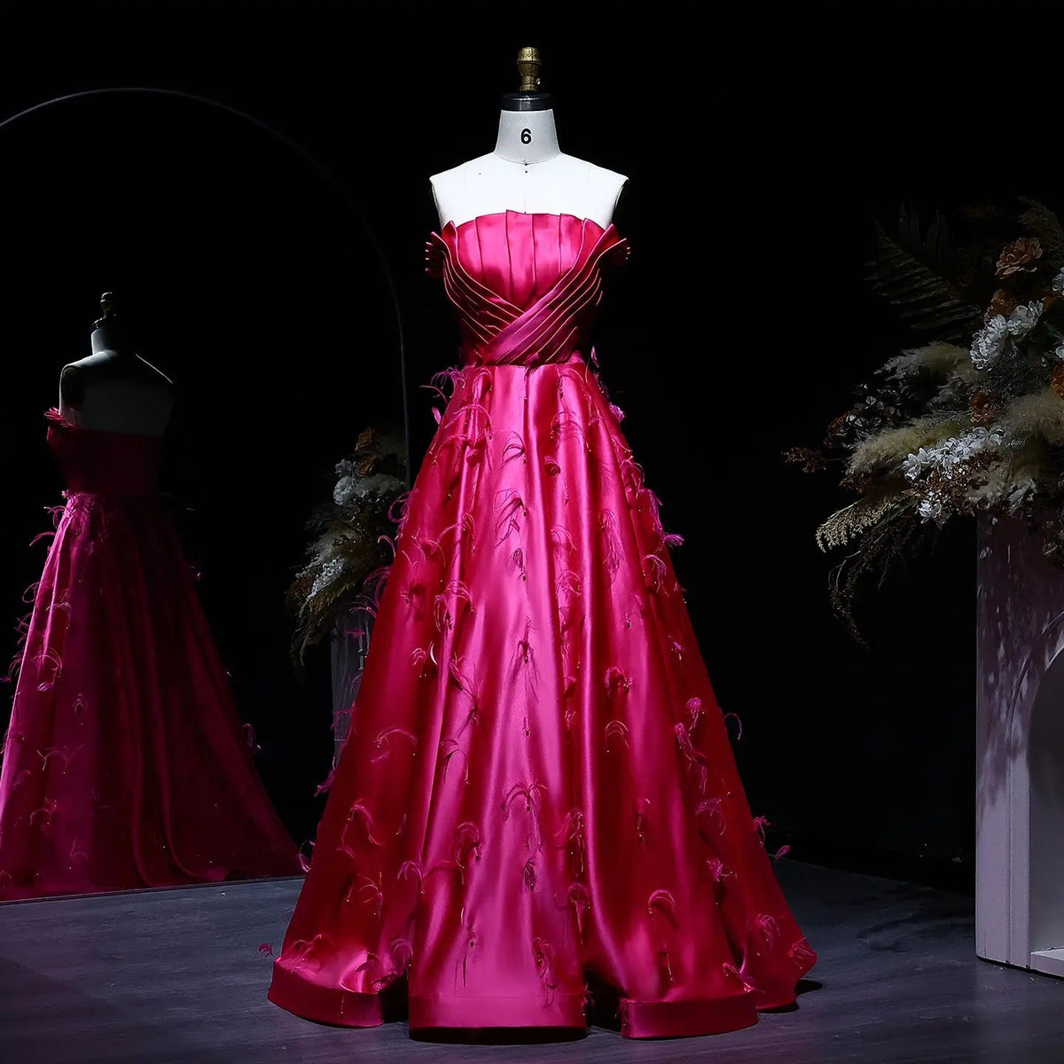 Elegant Strapless Fuchsia Satin Evening Dress with Feathers SS569