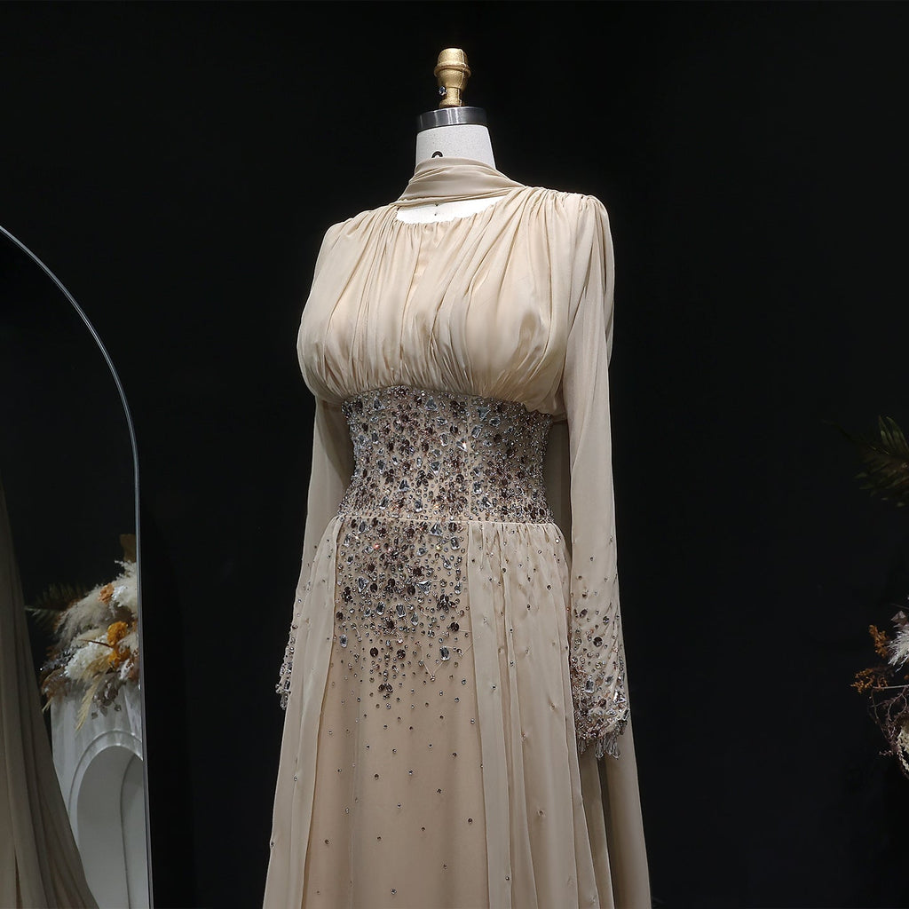Luxury Champagne Crystal Beaded Fitted Evening Dress with Sheer Cape SS533