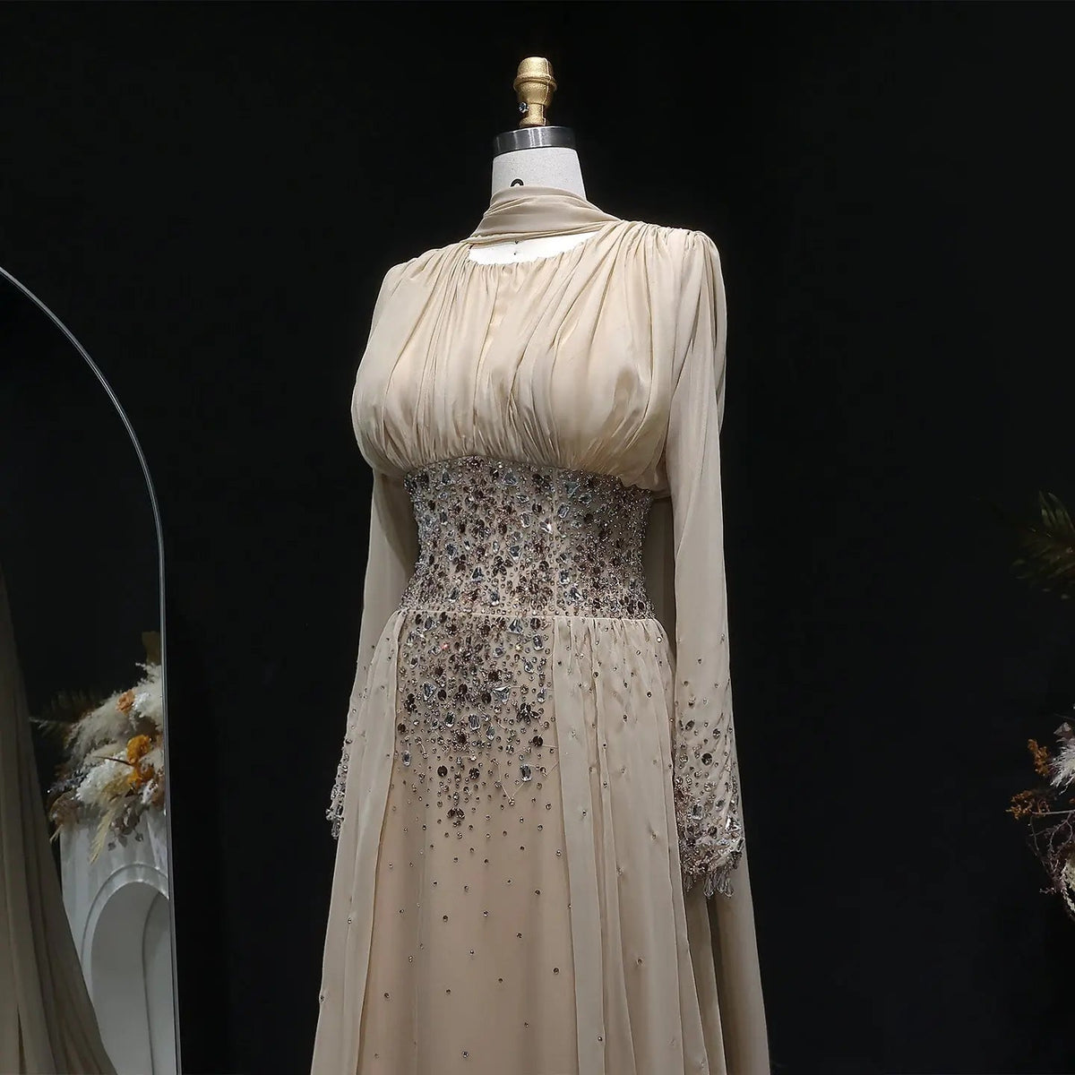 Luxury Champagne Beaded Crystal Fitted Evening Dress with Sheer Cape SS533