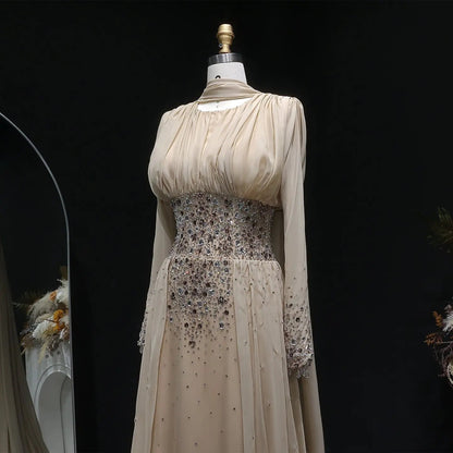 Luxury Champagne Beaded Crystal Fitted Evening Dress with Sheer Cape SS533
