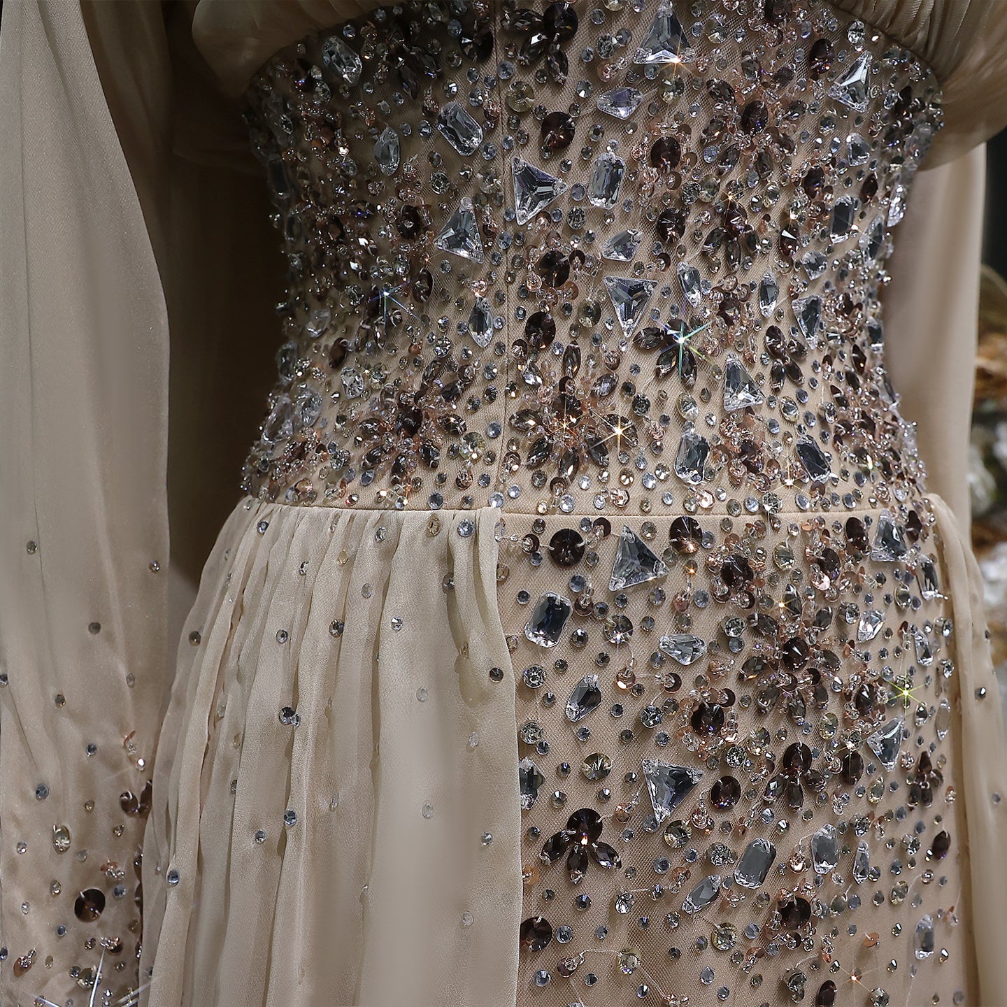 Luxury Champagne Crystal Beaded Fitted Evening Dress with Sheer Cape SS533