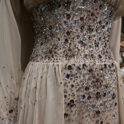Luxury Champagne Beaded Crystal Fitted Evening Dress with Sheer Cape SS533