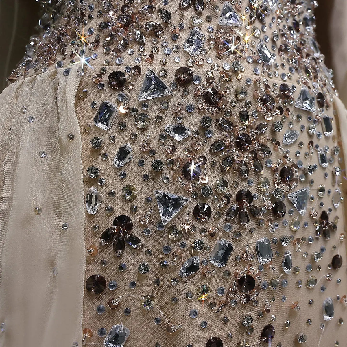 Luxury Champagne Beaded Crystal Fitted Evening Dress with Sheer Cape SS533