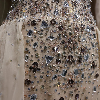 Luxury Champagne Beaded Crystal Fitted Evening Dress with Sheer Cape SS533