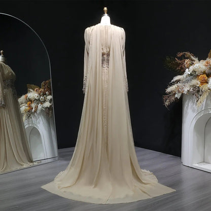 Luxury Champagne Beaded Crystal Fitted Evening Dress with Sheer Cape SS533