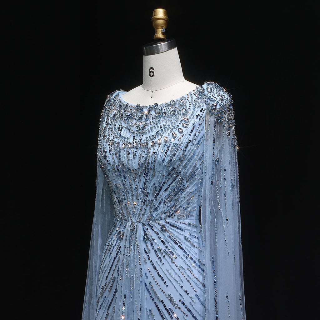 Luxury Crystal Lilac Evening Dress with Cape Sleeves SS549