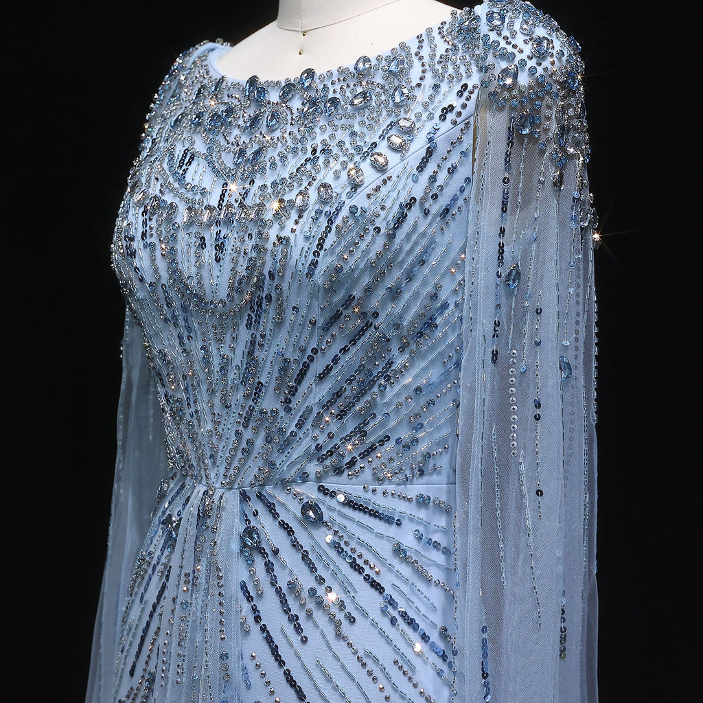 Luxury Crystal Lilac Evening Dress with Cape Sleeves SS549