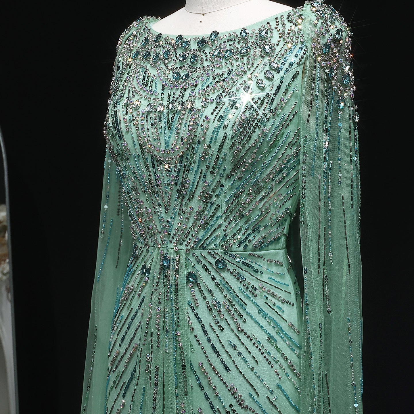 Luxury Crystal Lilac Evening Dress with Cape Sleeves SS549