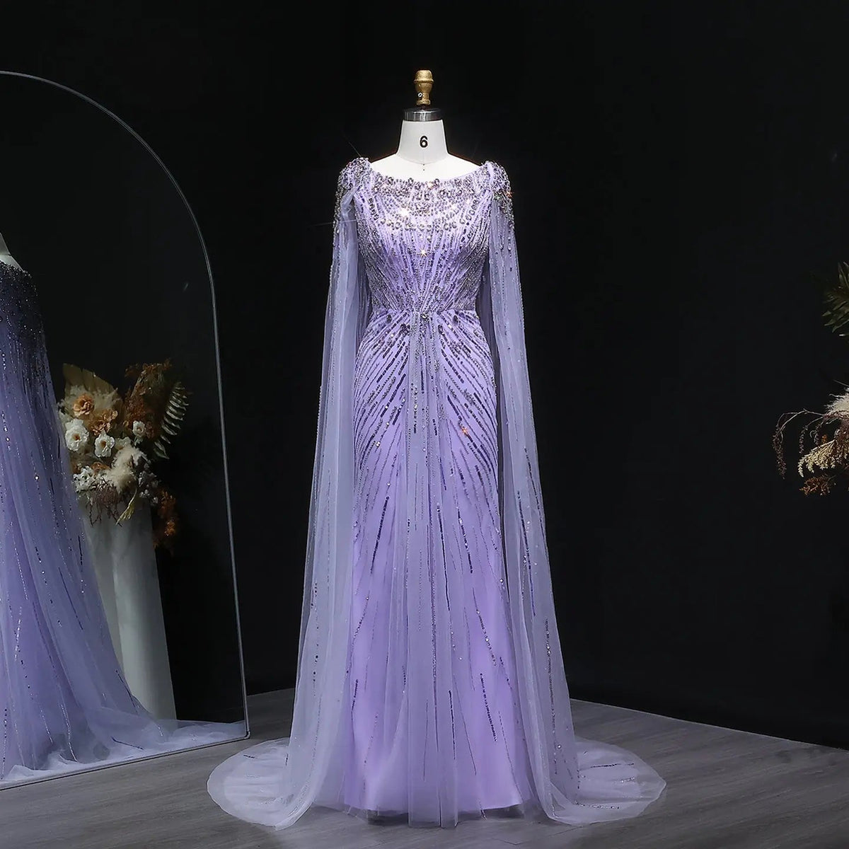 Luxury Crystal Lilac Evening Dress with Cape Sleeves SS549