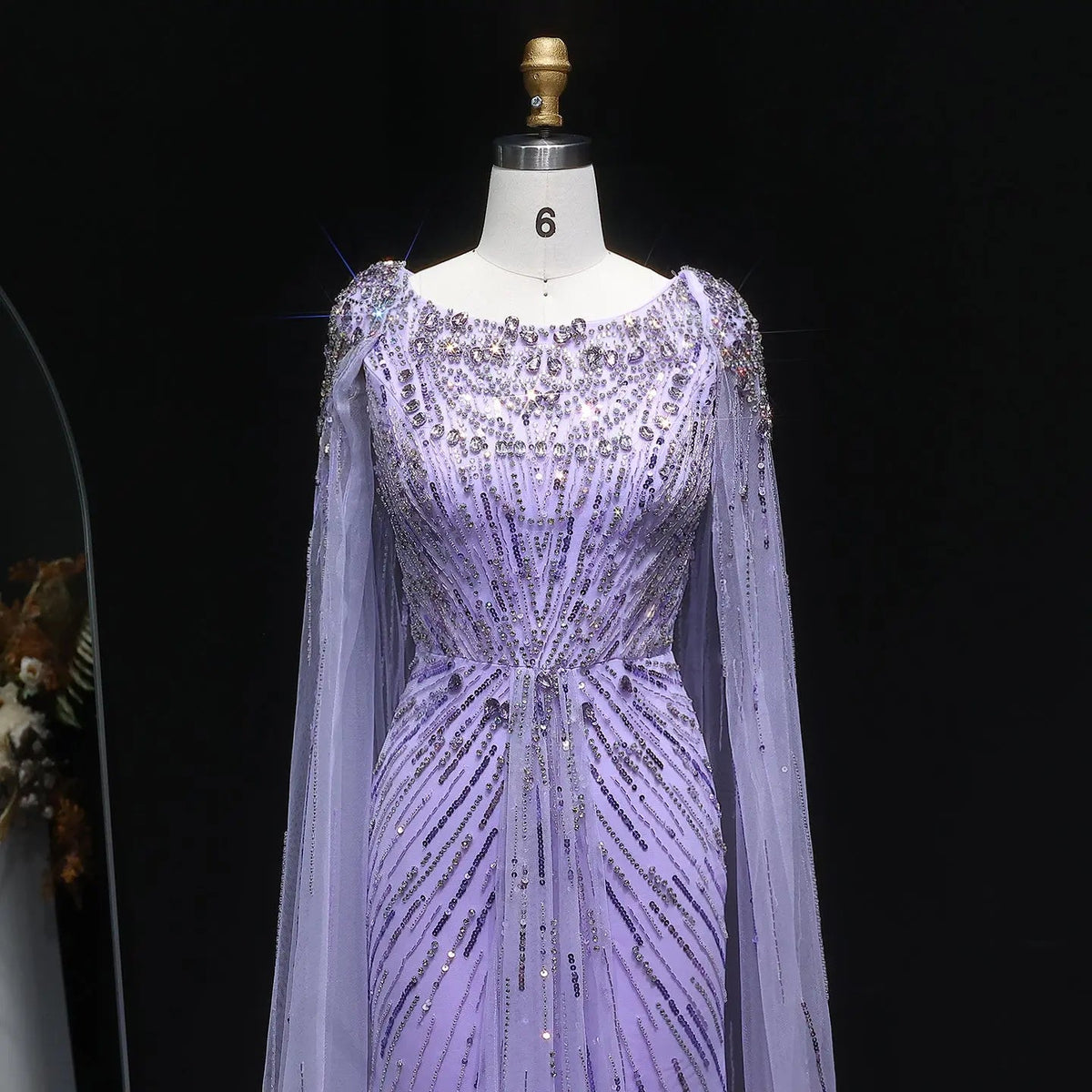 Luxury Crystal Lilac Evening Dress with Cape Sleeves SS549