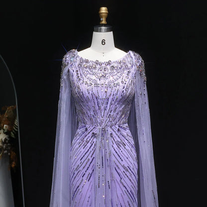 Luxury Crystal Lilac Evening Dress with Cape Sleeves SS549