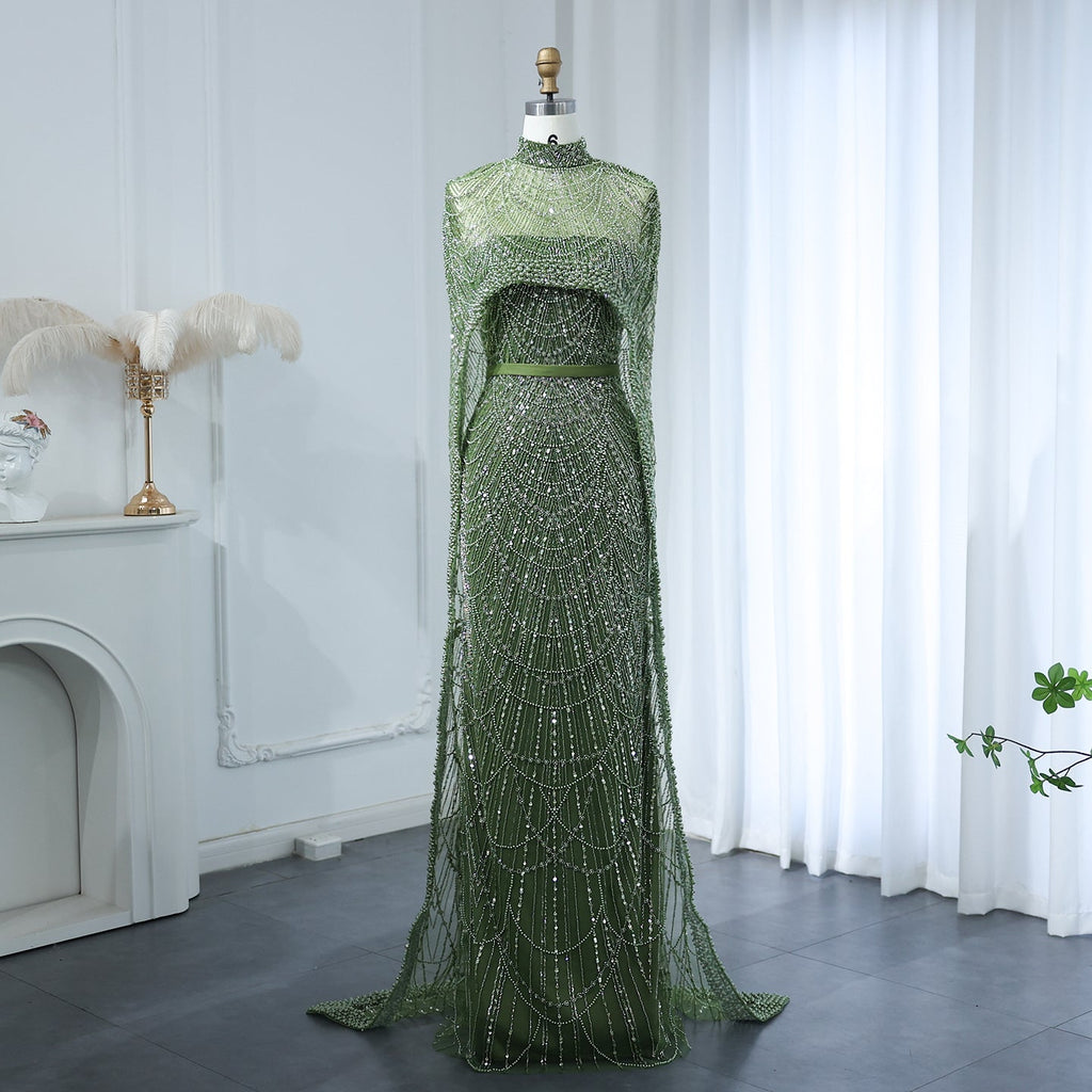 Luxury Pearls Champagne Mermaid Evening Dress with Cape SS369