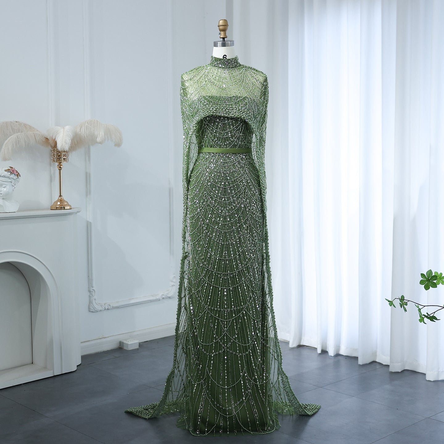 Luxury Pearls Champagne Mermaid Evening Dress with Cape SS369
