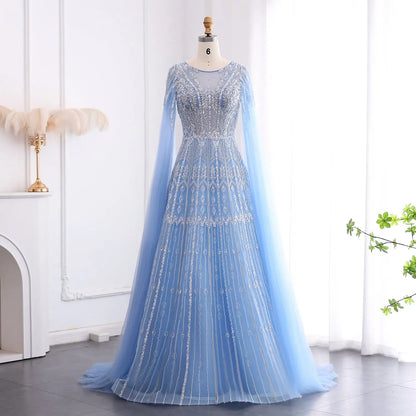 Luxury Blue Evening Dress with Cape Sleeves SS001