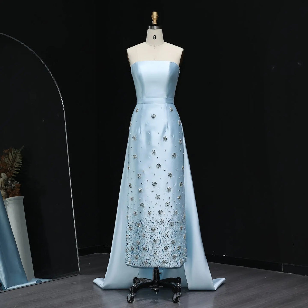 Luxury Blue Crystal Beaded Floral Evening Dress with Overskirt XD013