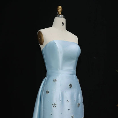 Luxury Blue Crystal Beaded Floral Evening Dress with Overskirt XD013