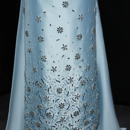 Luxury Blue Crystal Beaded Floral Evening Dress with Overskirt XD013