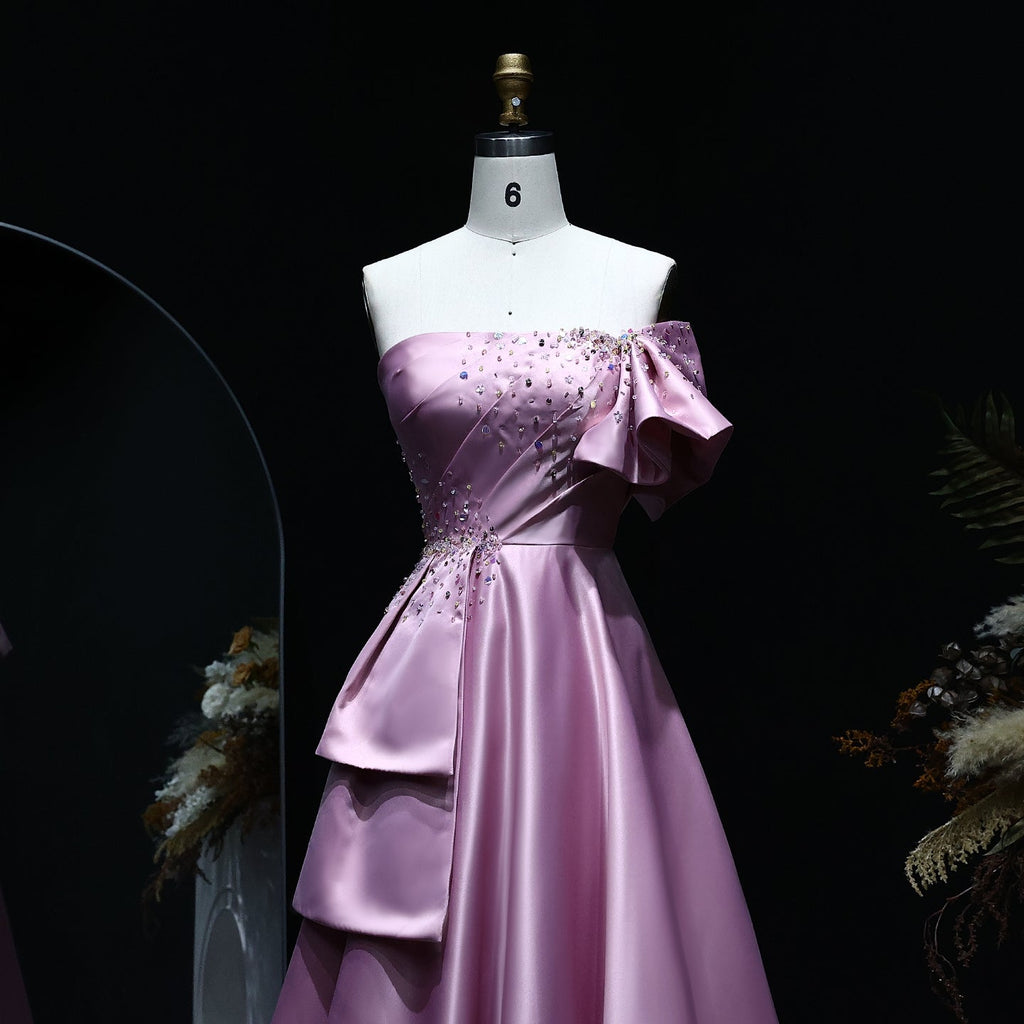 Elegant Crystal Lavender A-Line Pleats Satin Evening Dress SS592