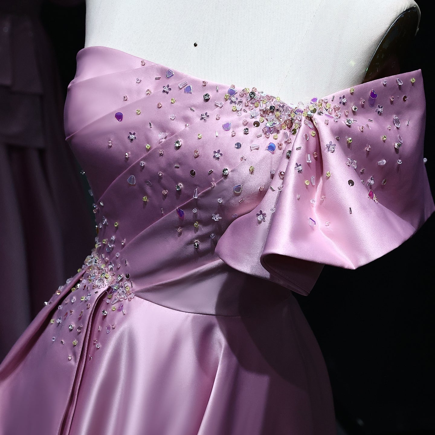 Elegant Crystal Lavender A-Line Pleats Satin Evening Dress SS592