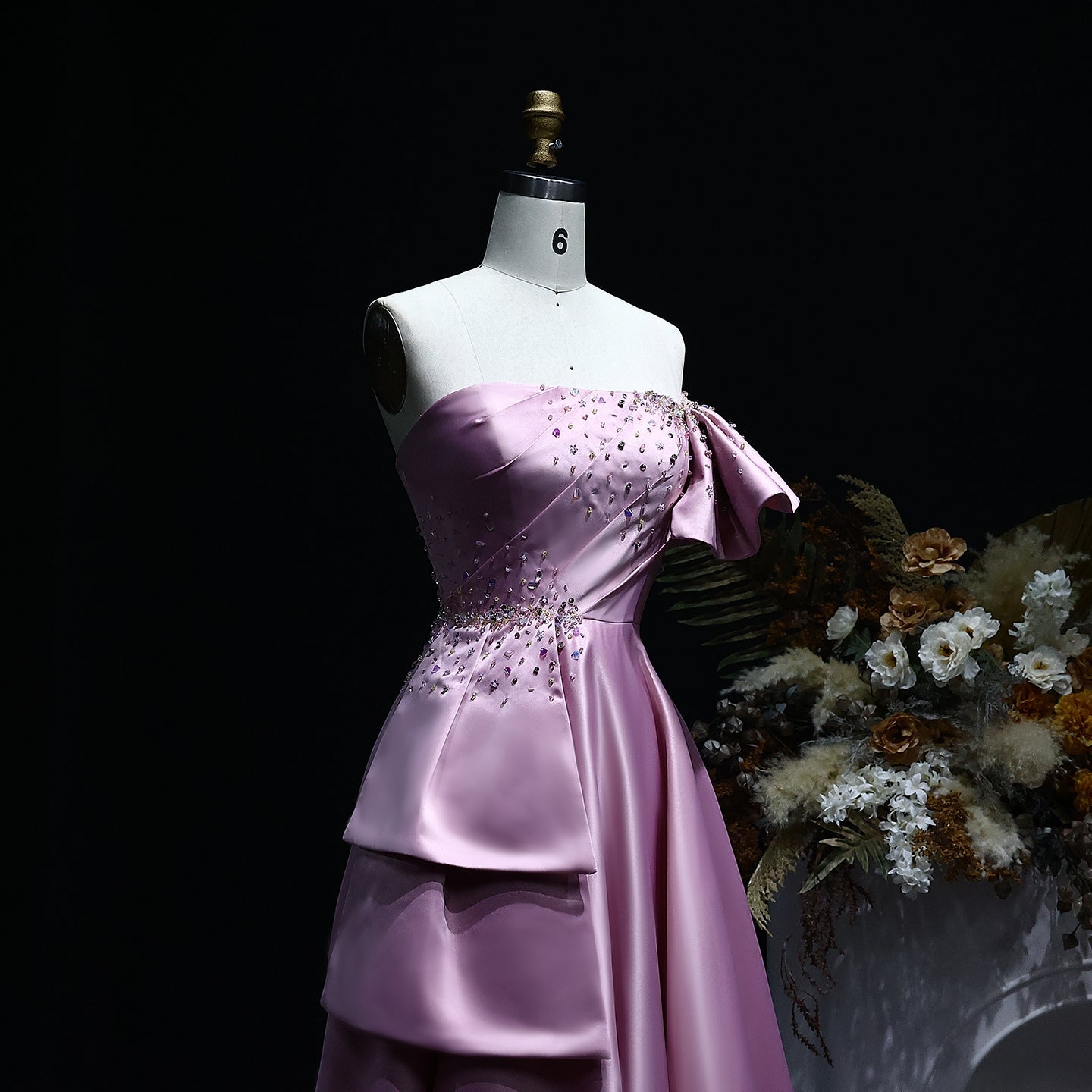 Elegant Crystal Lavender A-Line Pleats Satin Evening Dress SS592