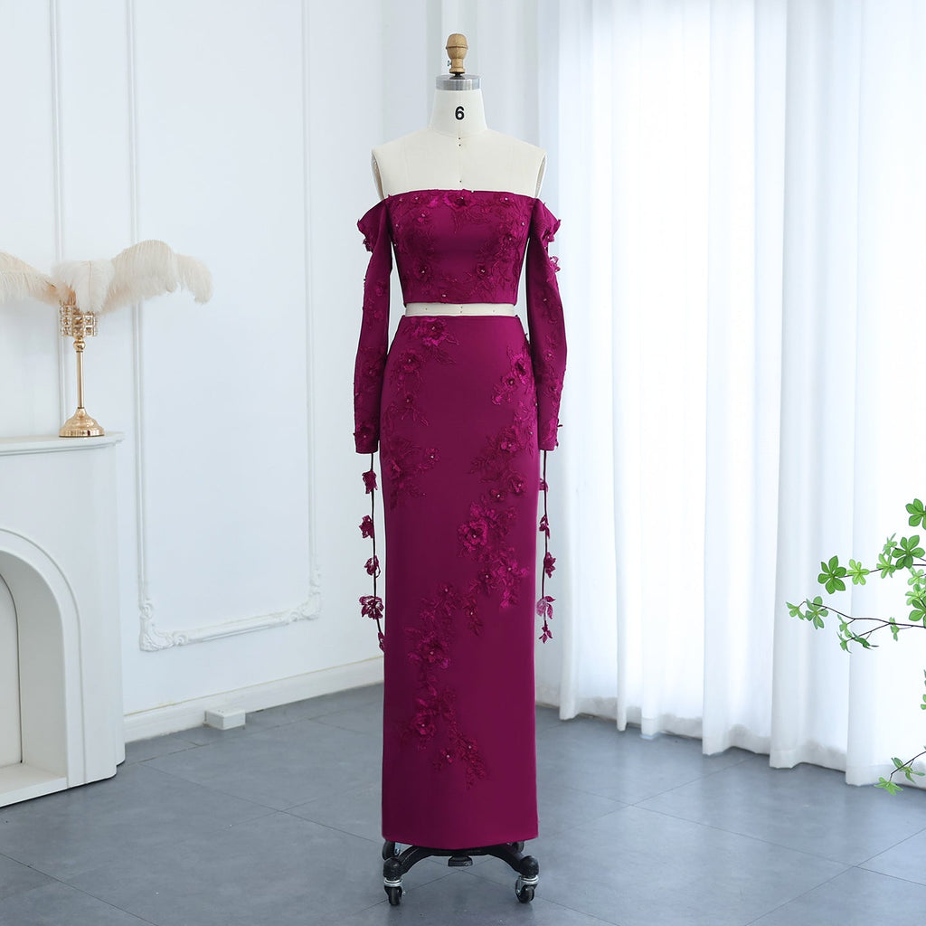 Elegant 3D Flowers Fuchsia Long Sleeves 2 Pieces Evening Dress SF264